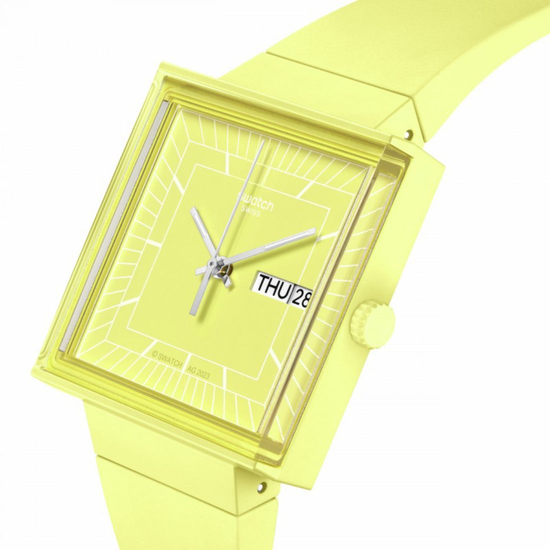 Orologio Unisex Swatch What IF Cassa Quadrata giallo Quarzo Doppia Data SO34J700
