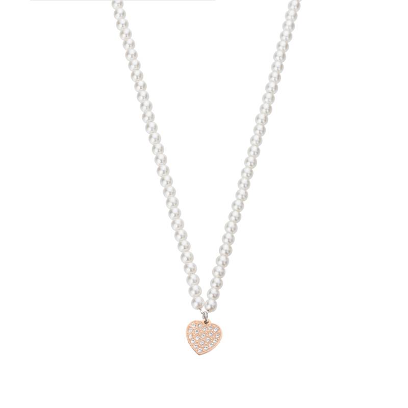 Collana Donna Liu Jo Acciaio Rosè Perle Bianche Cuore Zirconi Bianchi LJ2157