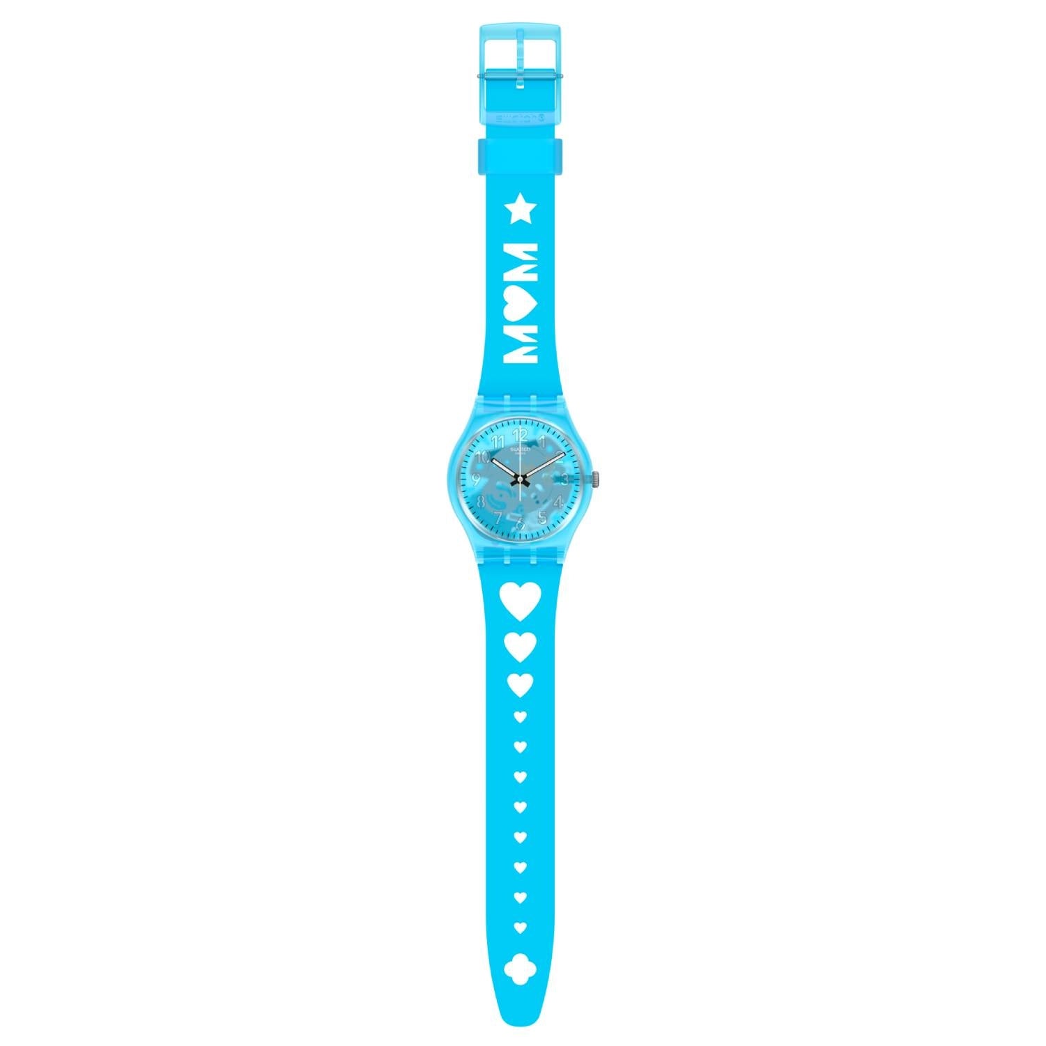 Orologio Donna Gomma Swatch Quarzo Solo Tempo Numeri I Love Mom Blu GZ353