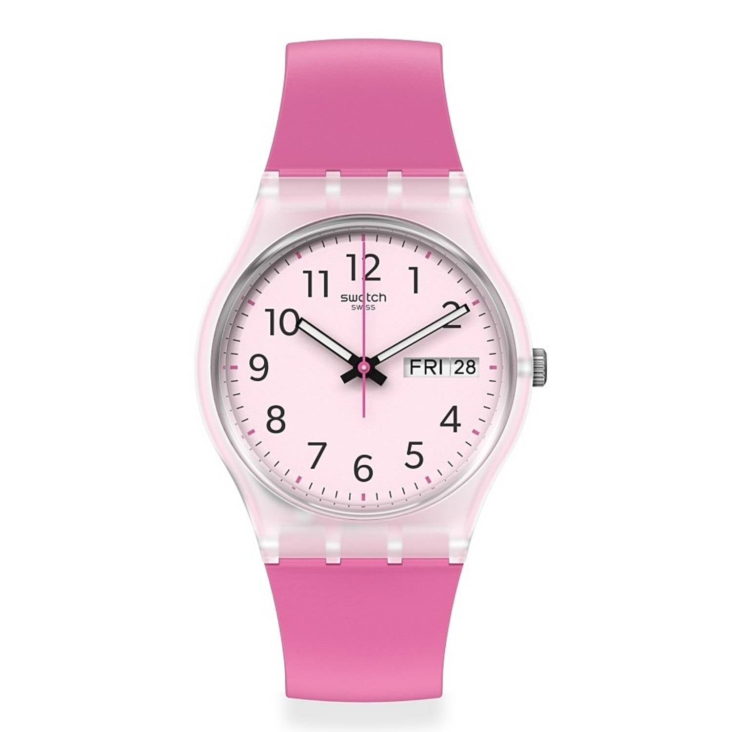 Orologio Donna Gomma Swatch Quarzo Solo Tempo Doppia Data Rosa Numeri GE724