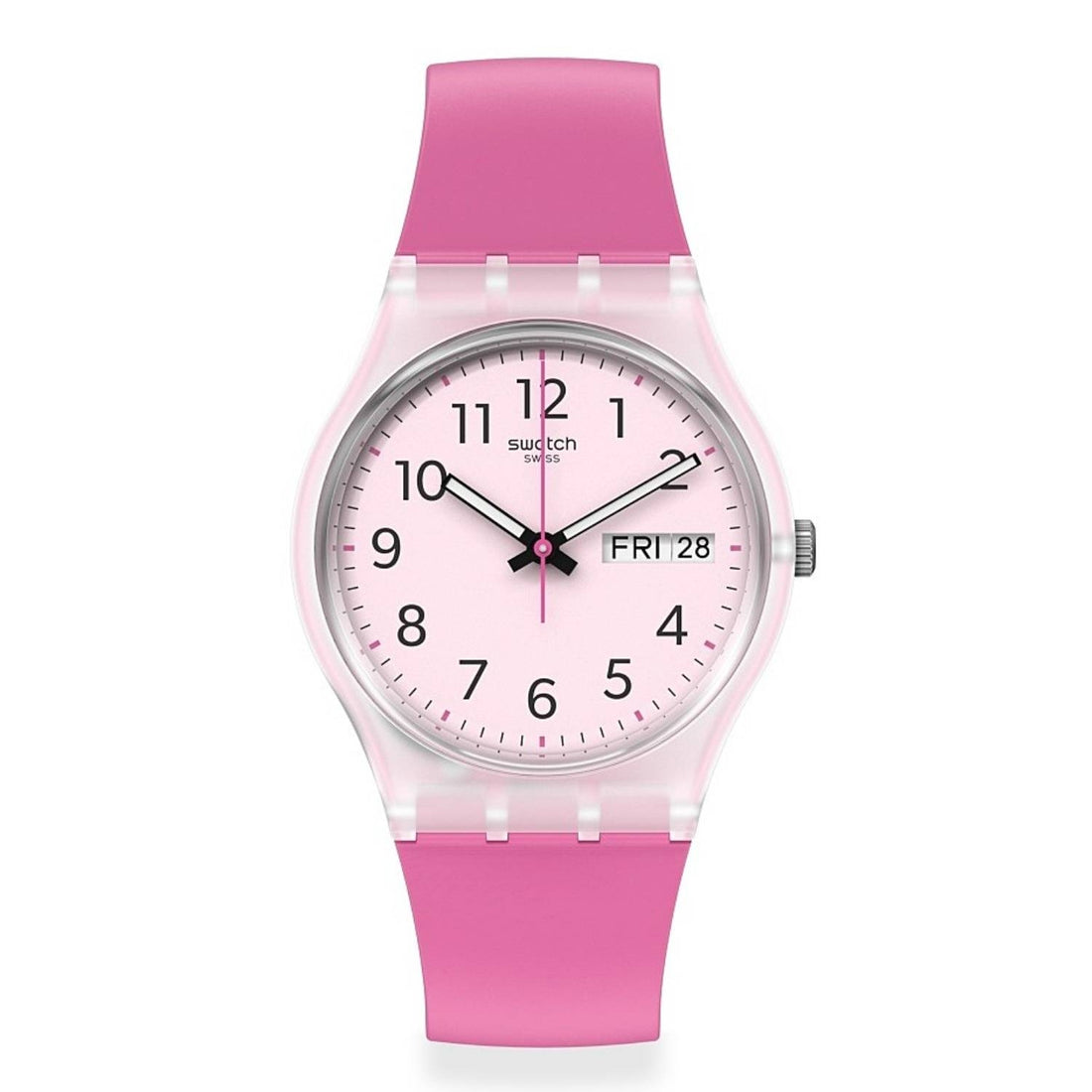 Orologio Donna Gomma Swatch Quarzo Solo Tempo Doppia Data Rosa Numeri GE724
