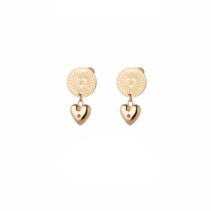 Orecchini Donna Liu Jo Acciaio Dorato Pendente Cuore Zircone Rosso LJ3183