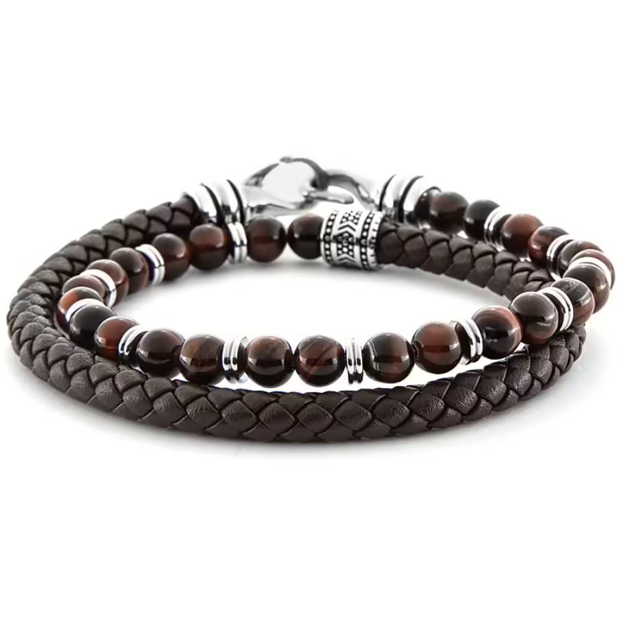 Bracciale Uomo 4US Cesare Paciotti Acciaio Cuoio Marrone Intrecciato e occhio di tigre 4UBR6391