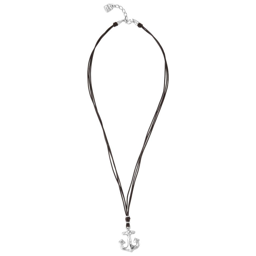 Collana Uomo Uno De 50 In Cuoio Con Ancora In Argento