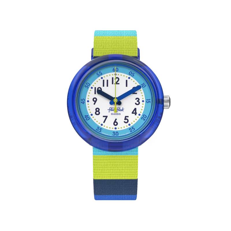 Orologio Bambino Swatch Flik Flak Stripy Blue Quarzo Solo Tempo Blu Verde ZFPNP112