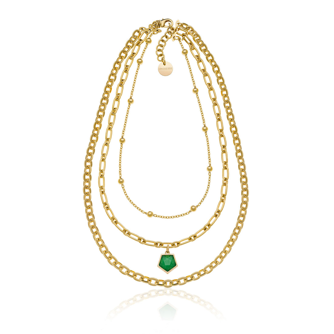 Collana Donna Unoaerre Bronzo Dorato Catena Tre Fili Gipsy Pietra Verde 540239
