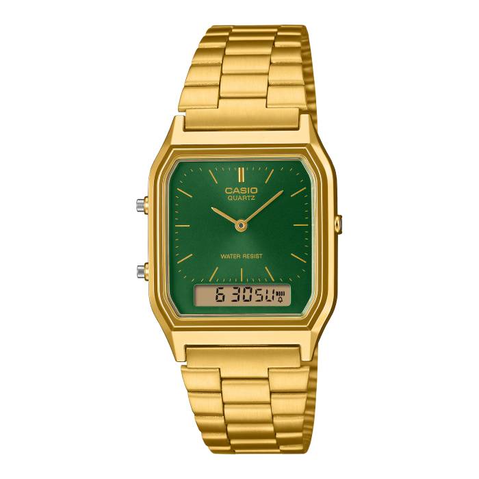 Orologio Unisex Casio Vintage Acciaio Dorato Verde Quarzo Digitale Analogico AQ-230GA-3AMQYES