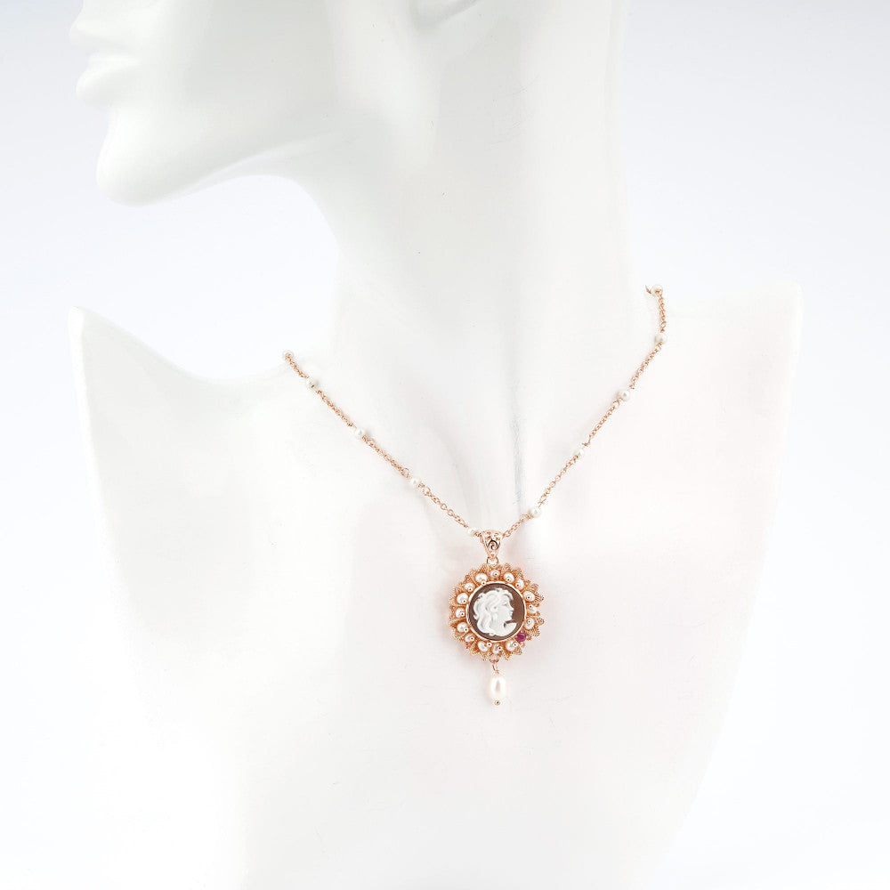 Pendente Donna Cameo Italiano Argento Dorato 925 Dea Incisa Perle P913-G