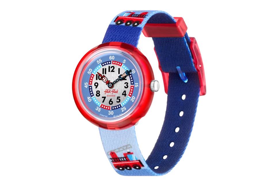 Orologio Bambino Swatch Flik Flak Fire Truck Quarzo Solo Tempo Blu Rosso ZFBNP160