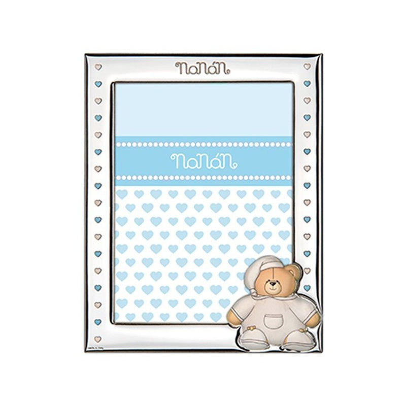 Cornice Bambino Nanan Laminato Argento Orsetto Cuori Smalto Azzurro 9x13 cm NCO0010