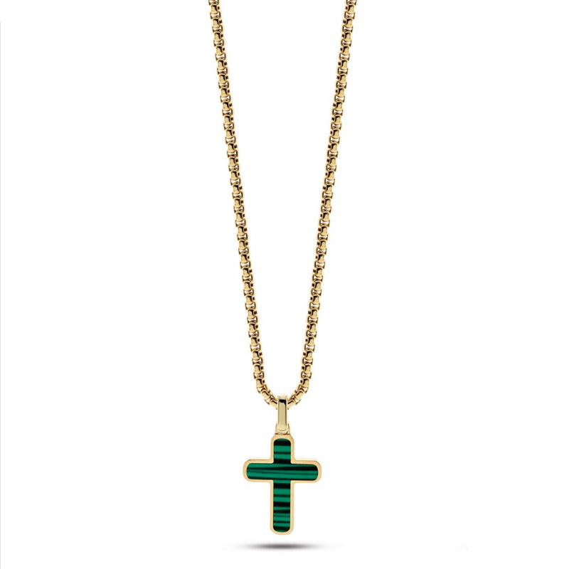Collana Uomo Liu Jo Acciaio Dorato Croce Pietra Verde Malachite MLJ420