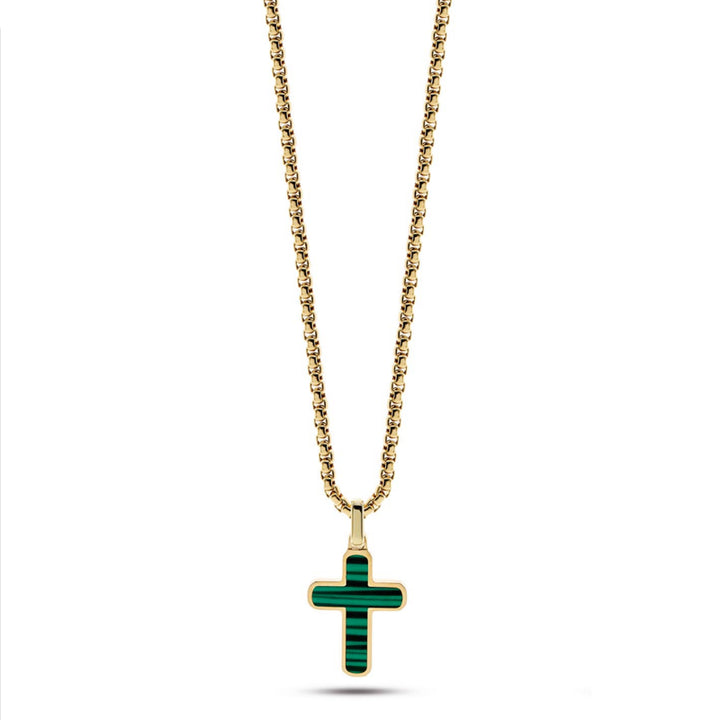 Collana Uomo Liu Jo Acciaio Dorato Croce Pietra Verde Malachite MLJ420