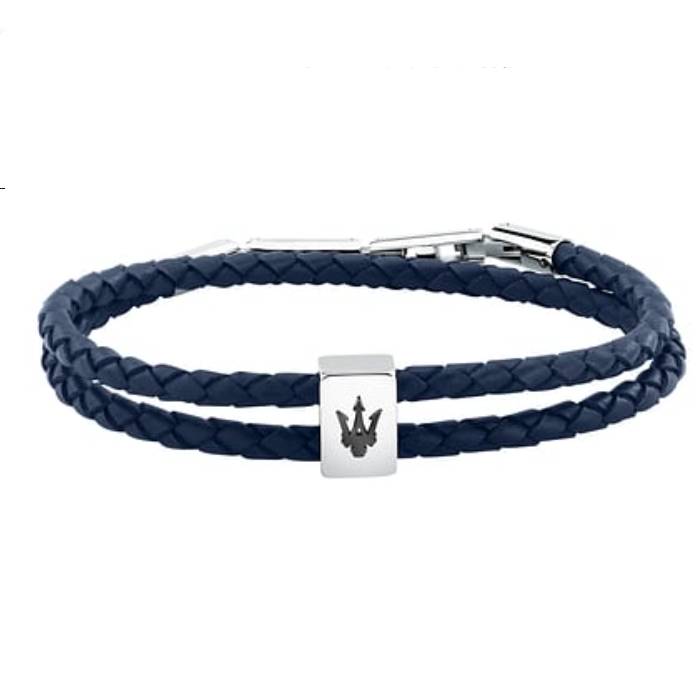 Bracciale Uomo Maserati Acciaio Pelle Semirigido Blu Doppiofilo JM226AVE46