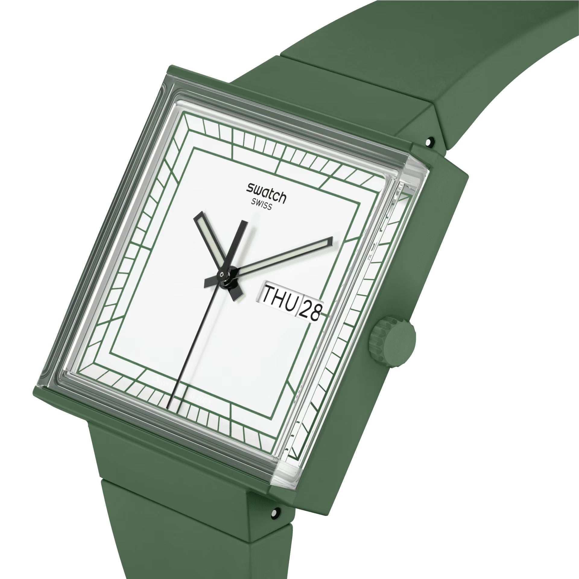 Orologio Unisex Swatch What IF Cassa Quadrata Verde Quarzo Doppia Data SO34G700
