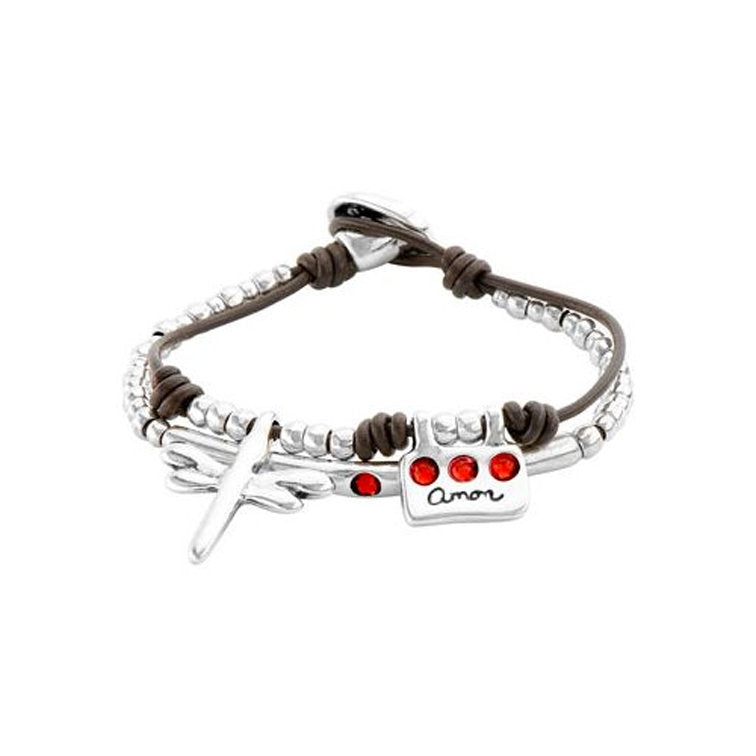 Bracciale Donna Uno De 50 In Cuoio Marrone Con Tre Cristalli Swarovski Rossi