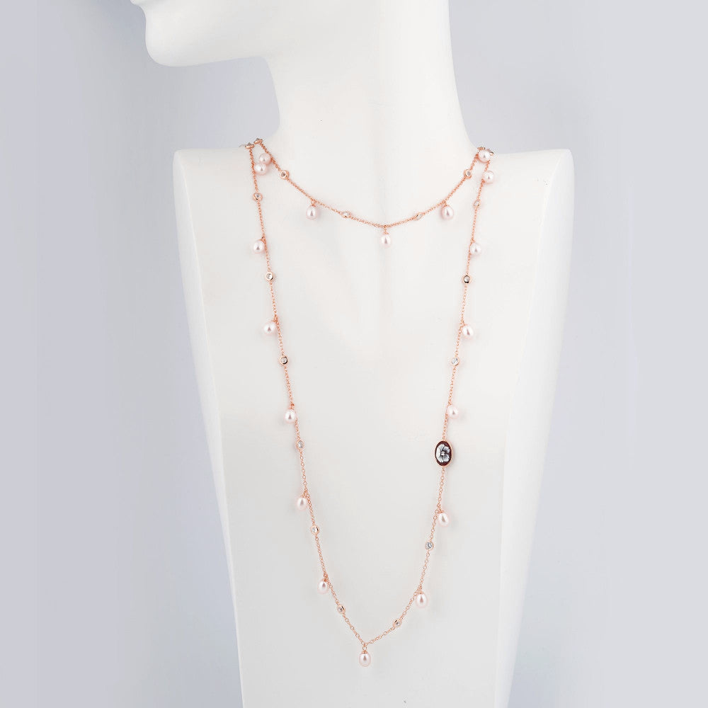 Collana Donna Cameo Italiano Argento Rosè 925 Lunga Perle Zirconi C4-R