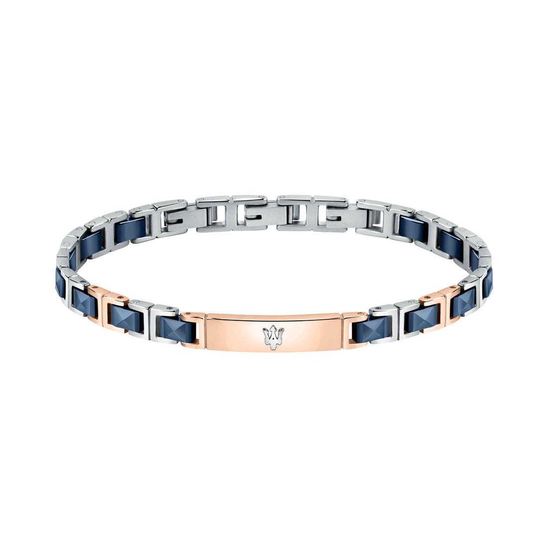 Bracciale Uomo Maserati Acciaio Bicolore Rosè Targhetta Logo Ceramica Blu JM420ATI05