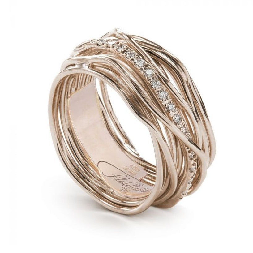 Anello 13 Fili Oro Rosa 9 KT e 16 Diamanti  Filo della Vita Classic mis 18