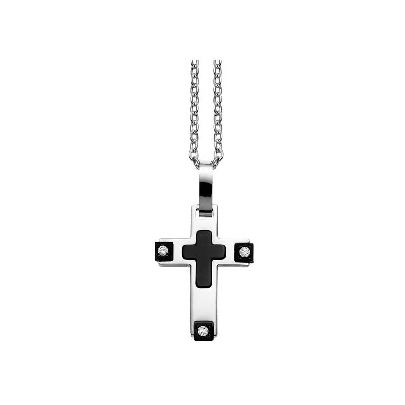 Collana Uomo Zancan Acciaio Croce Pendente Inserti Neri E Pietre UHC005