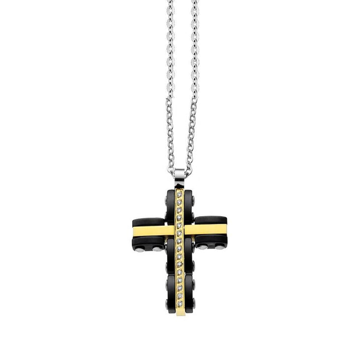 Collana Uomo Zancan Acciaio Dorato Croce Ceramica Nera Zirconi Bianchi UHC003