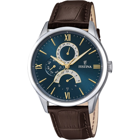 Orologio Uomo Festina Multifunzione Blu Pelle Marrone Numeri Dorati F16823/A