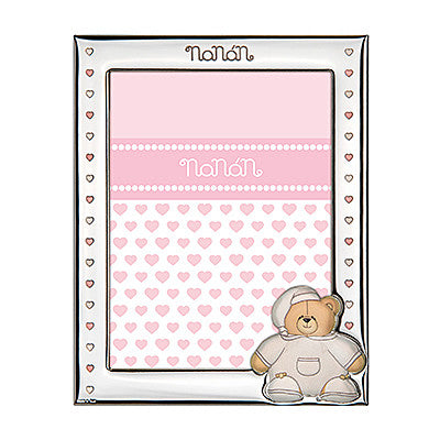 Cornice Bambina Nanan Laminato Argento Orsetto Cuori Smalto Rosa 9x13 cm NCO0029