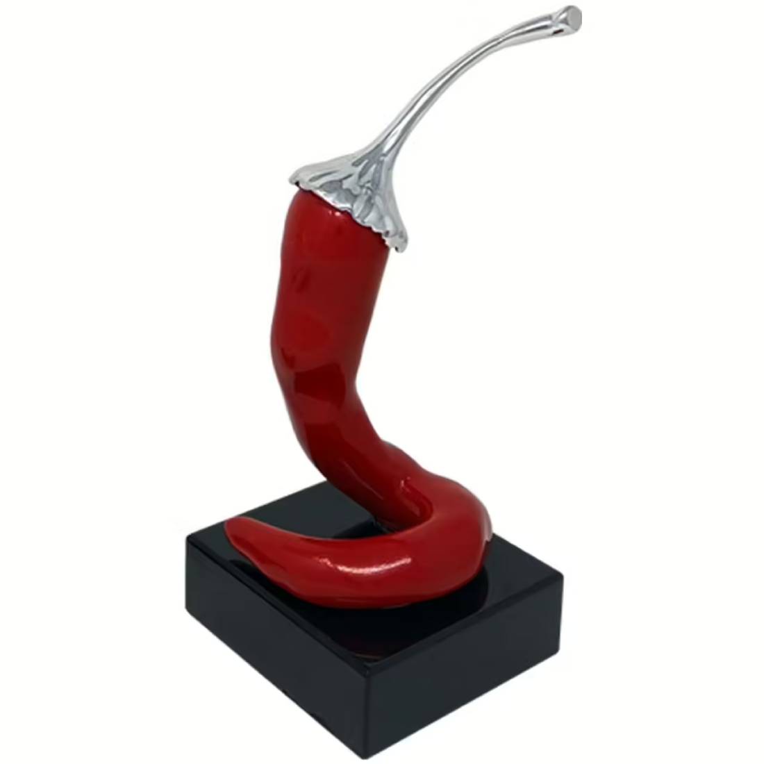 Scultura Peperoncino Rosso Argento Piccolo 12 cm Base Nera BPP0335