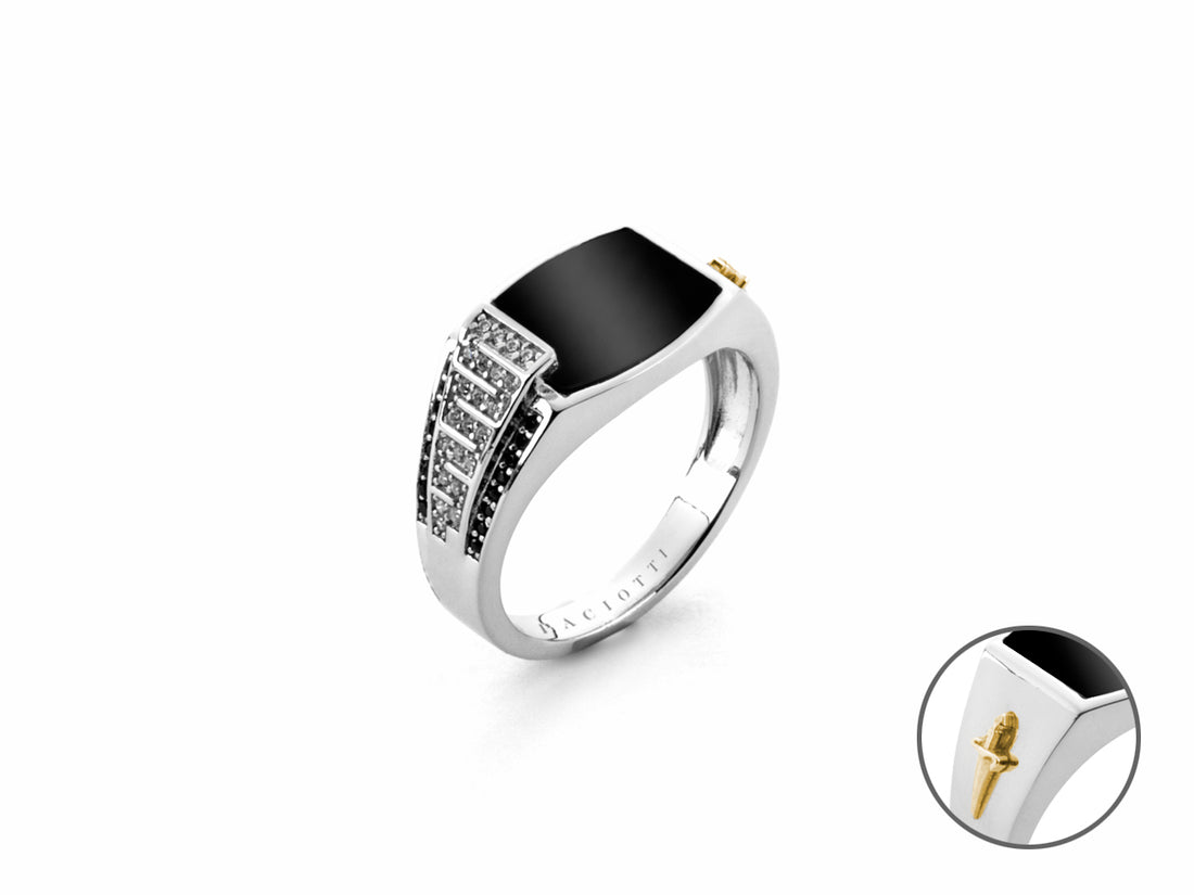 Anello Uomo Cesare Paciotti Argento 925 Spadino Squadrato Pietra Onice Nero JPAN2444B/22