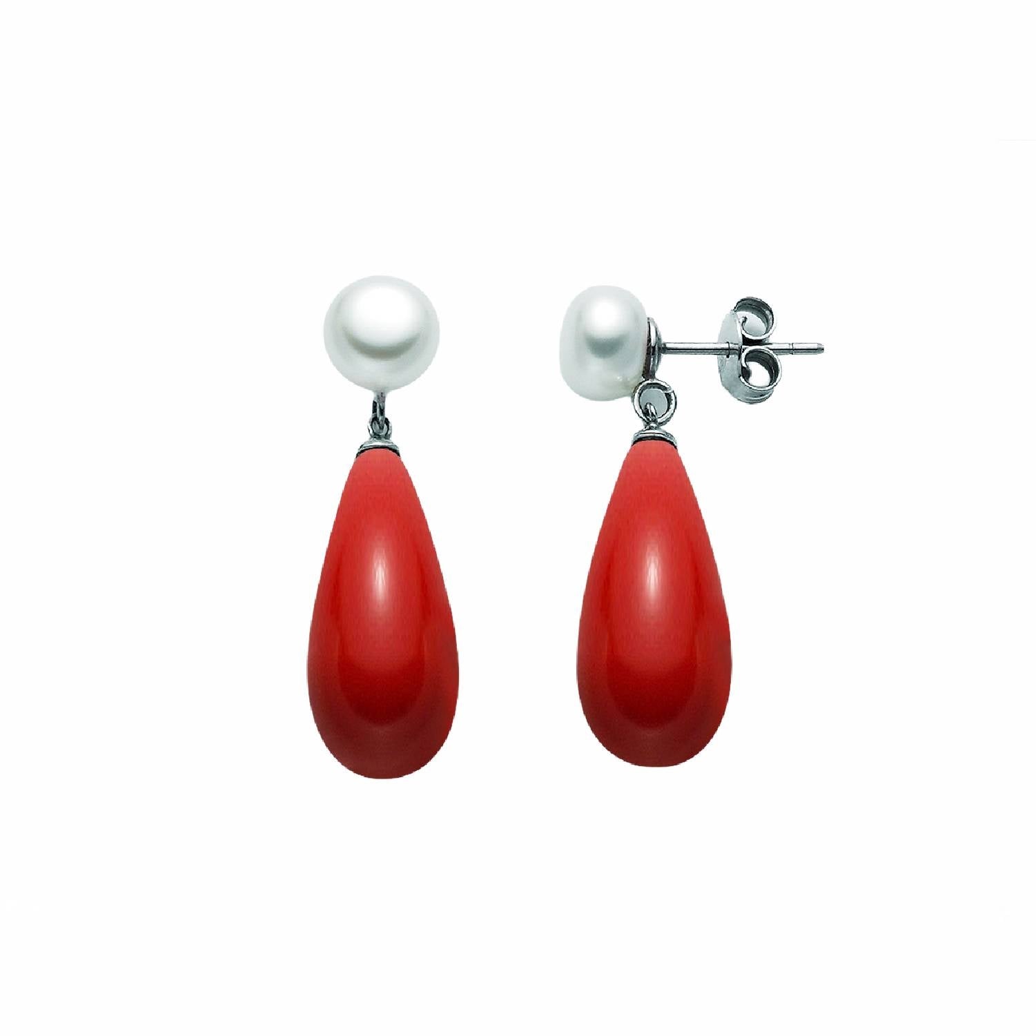 Orecchini Donna Argento 925 Pendenti Miluna Pasta Di Corallo Rosso Perla PER2190
