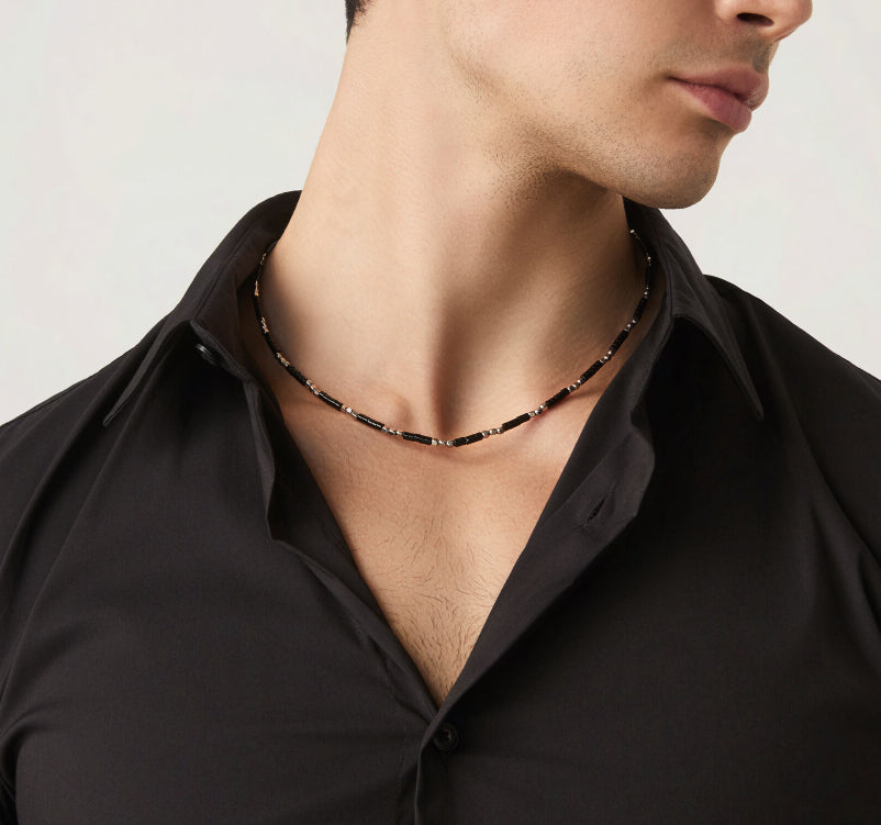 Collana Uomo Giovanni Raspini Argento 925 Dadini Onice Nero Biglie Lucide 11645