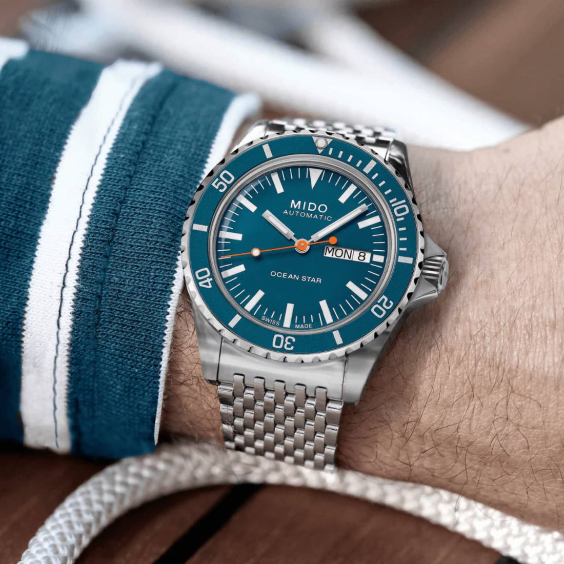 Orologio Uomo Mido Acciaio Automatico Doppia Data Blu Doppio Cinturino Tessuto