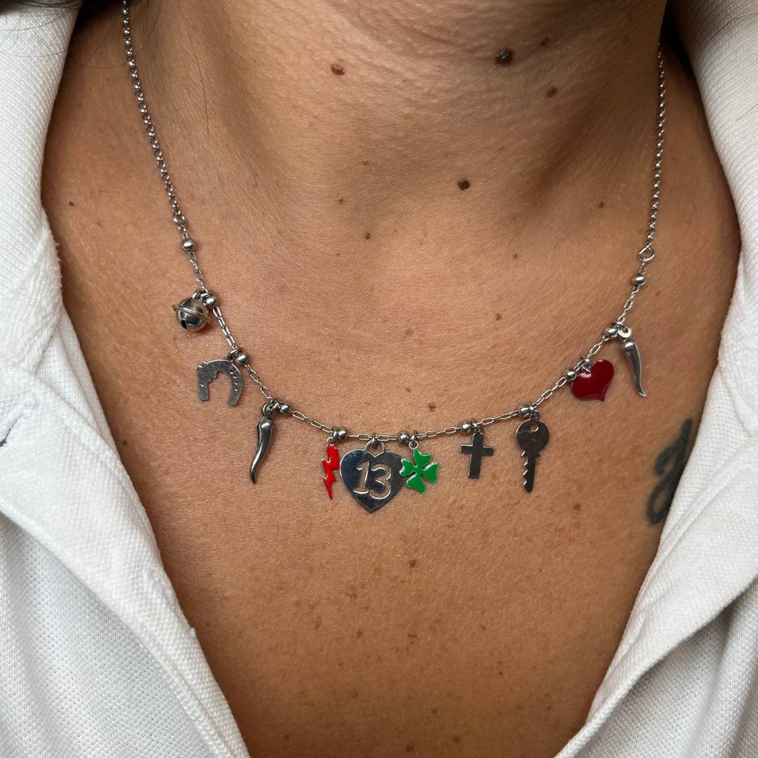 Collana Donna Re Mida Argento Porta Fortuna Corno Scaramantico Multiciondolo