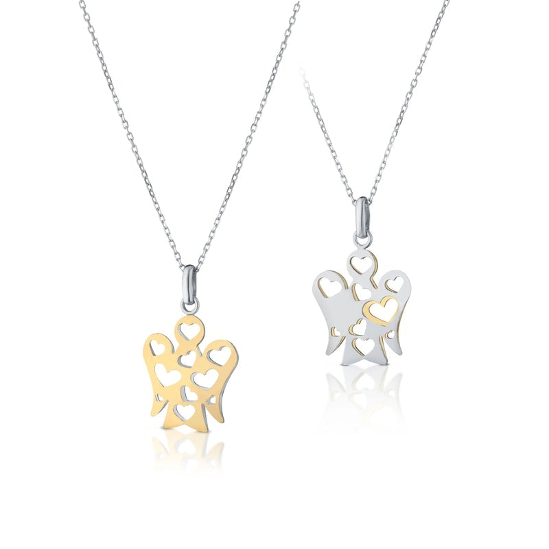 Collana Donna Oro 9 ck con Angelo traforato a cuori a lastra double face oro giallo e bianco