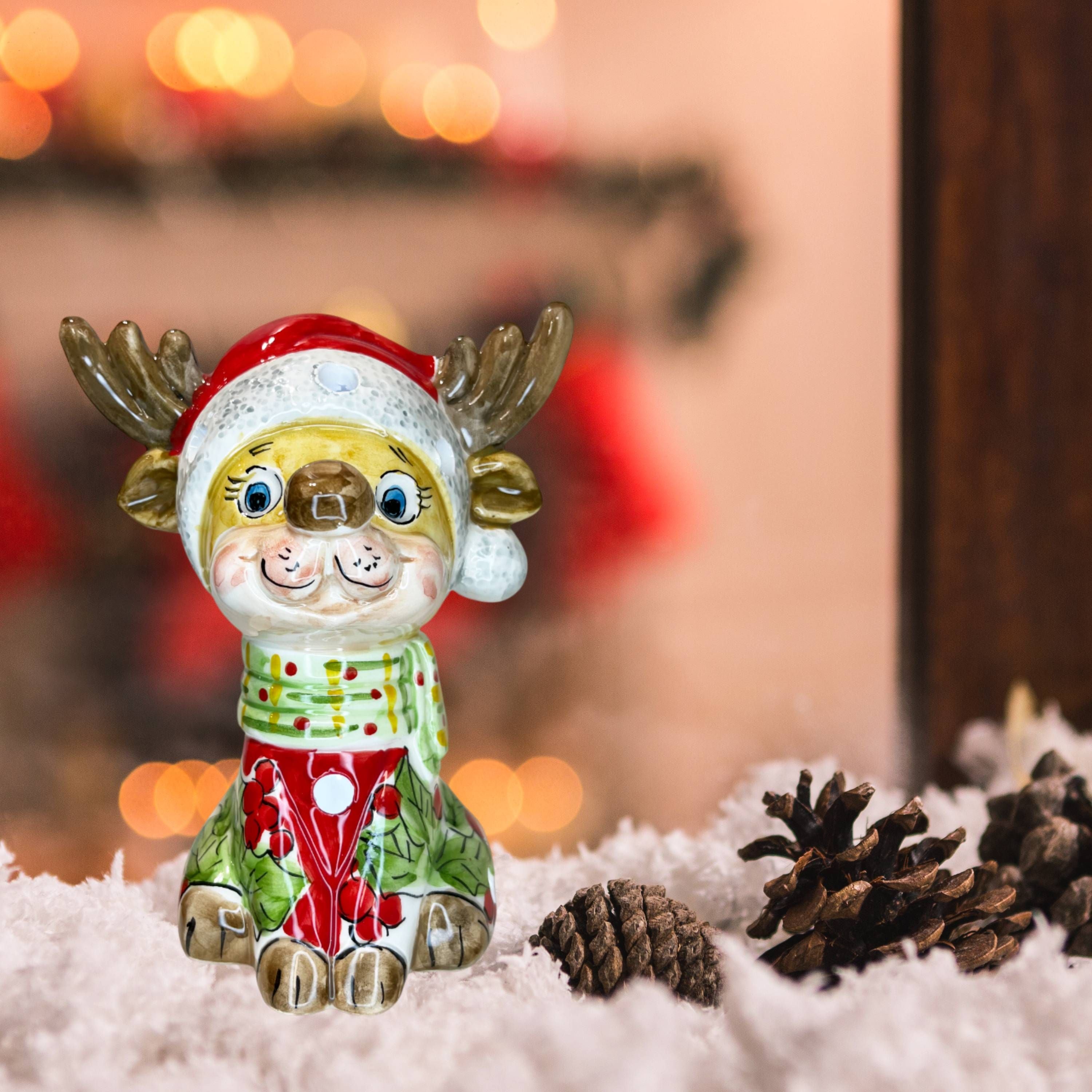 Renna Grande Capodimonte Led Maglione Rosso Sciarpa Verde 19cm CAP40