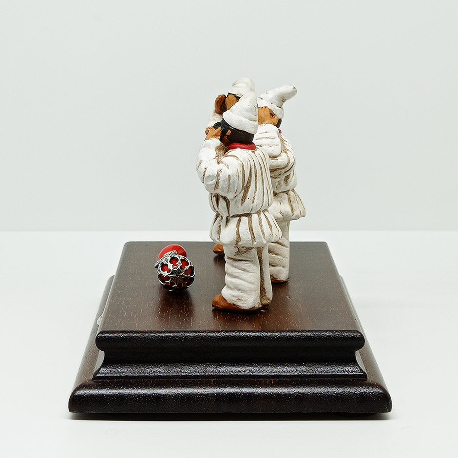 Pulcinella tris Arte Legno Terracotta corno e Argento