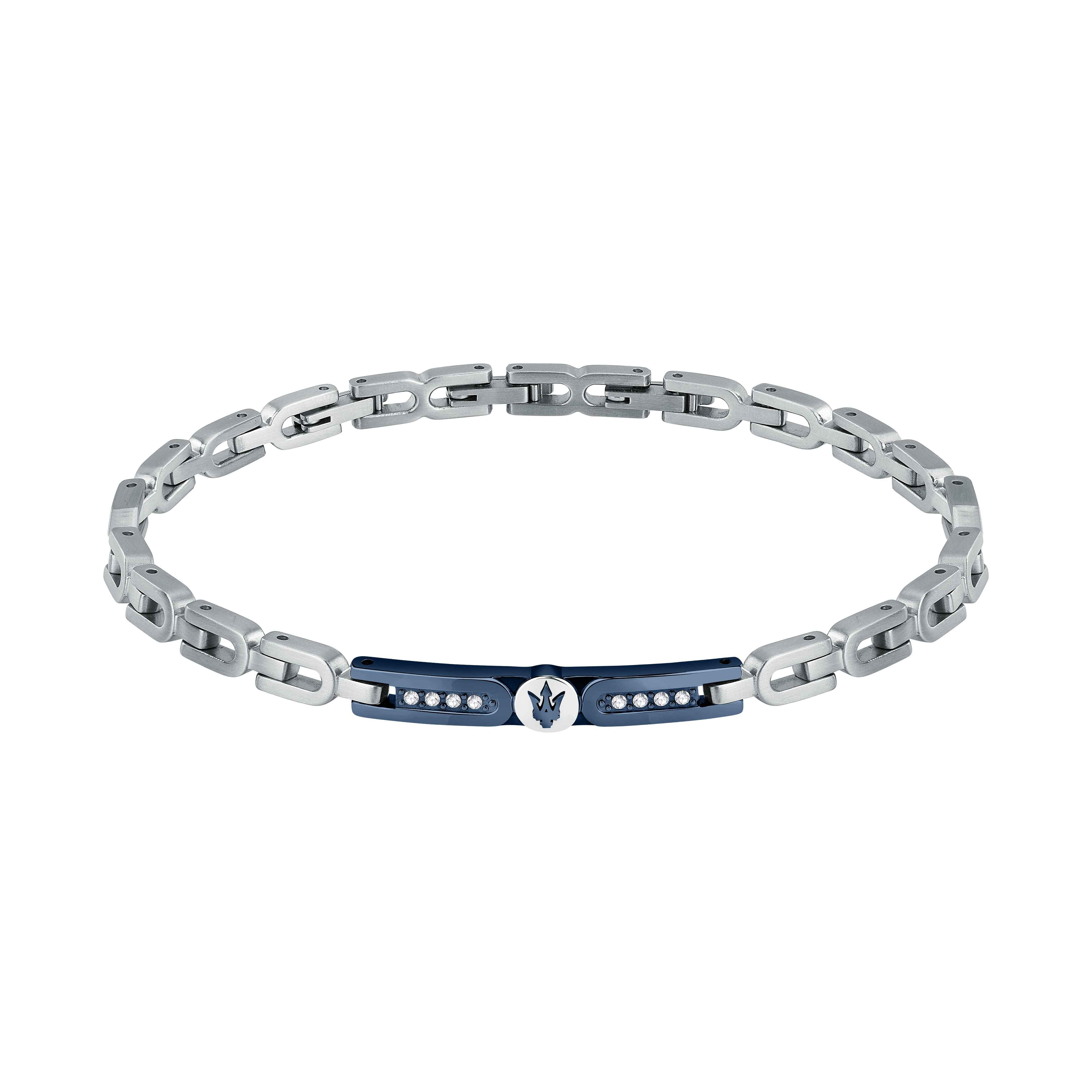 Bracciale Uomo Maserati Acciaio Targhetta Zirconi Bianchi Logo Blu JM423AVD27