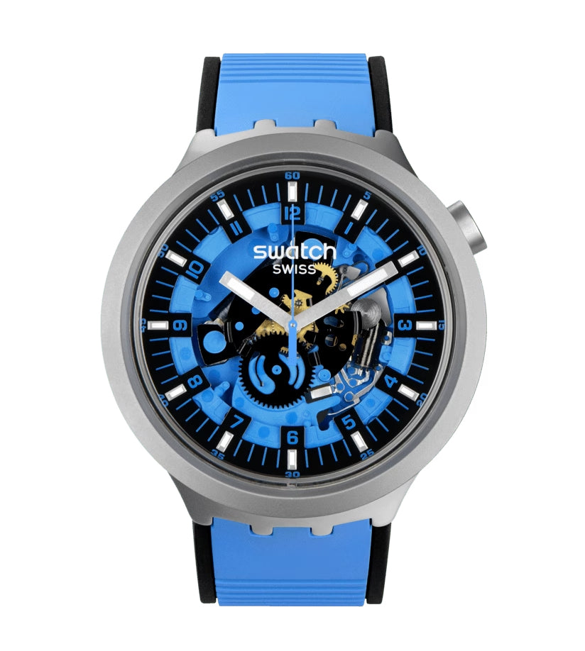 Orologio Unisex Swatch Acciaio Big Bold Azure Blue Daze Gomma Scheletrato SB07S106