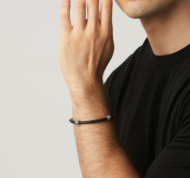 Bracciale Uomo Giovanni Raspini Argento 925 Cuoio Nero Nodini Intrecciati 11355