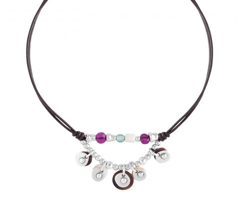 Collana Donna Uno De 50 Pelle Marrone Cristalli E Perle Di Madreperla