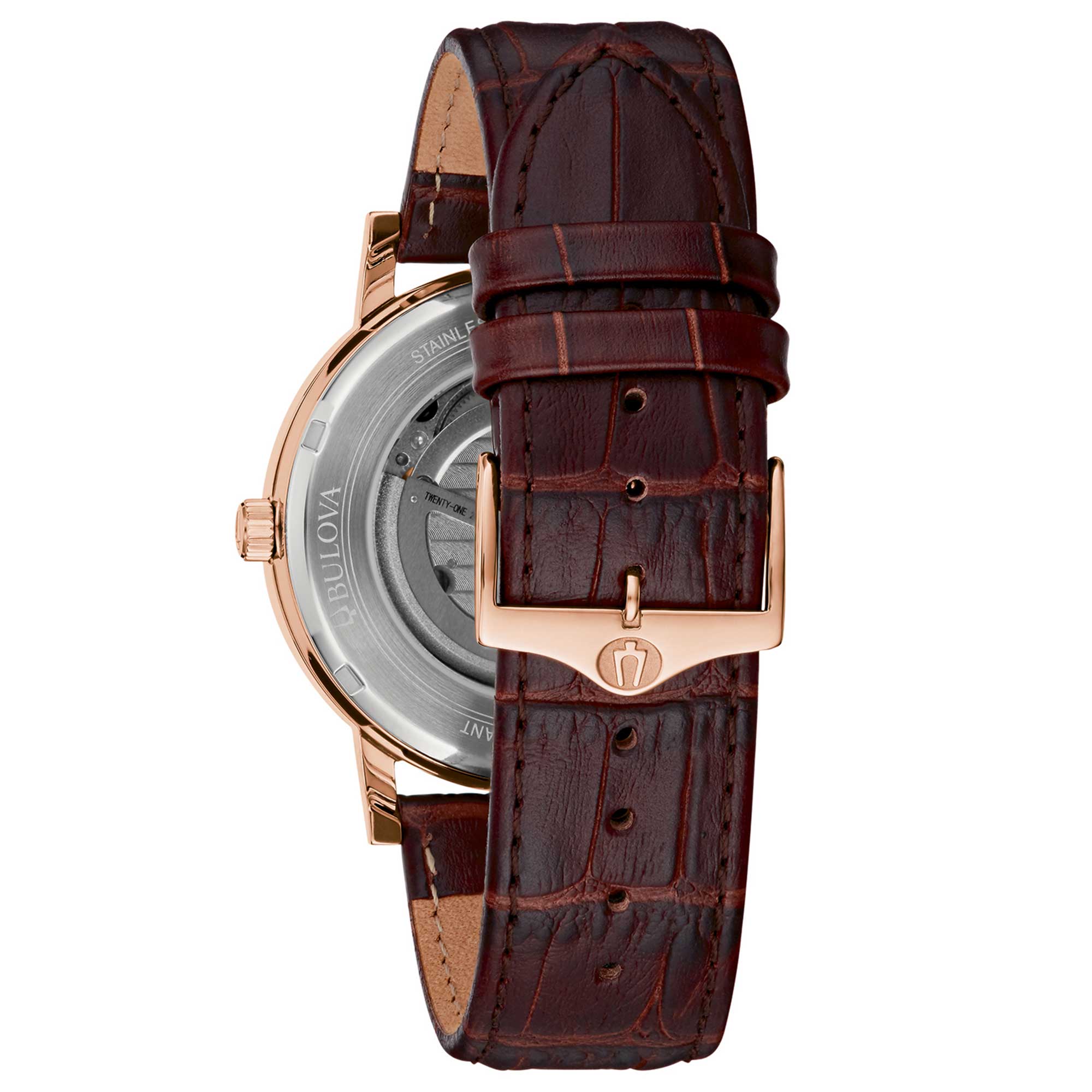 Orologio Uomo Bulova Clipper Automatico Pelle Marrone Acciaio Rosè 97A150