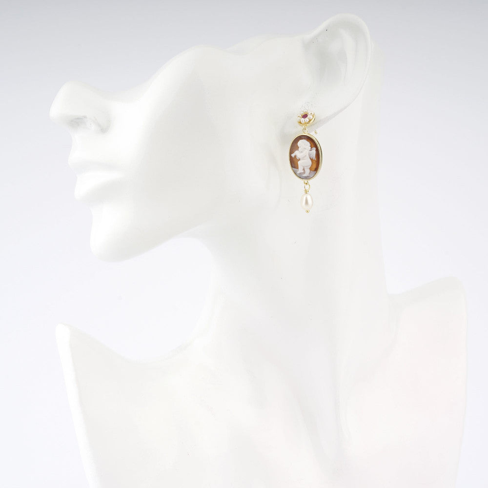 Orecchini Donna Cameo Italiano Argento Dorato 925 Donna Incisa Cammeo Marrone O909-G