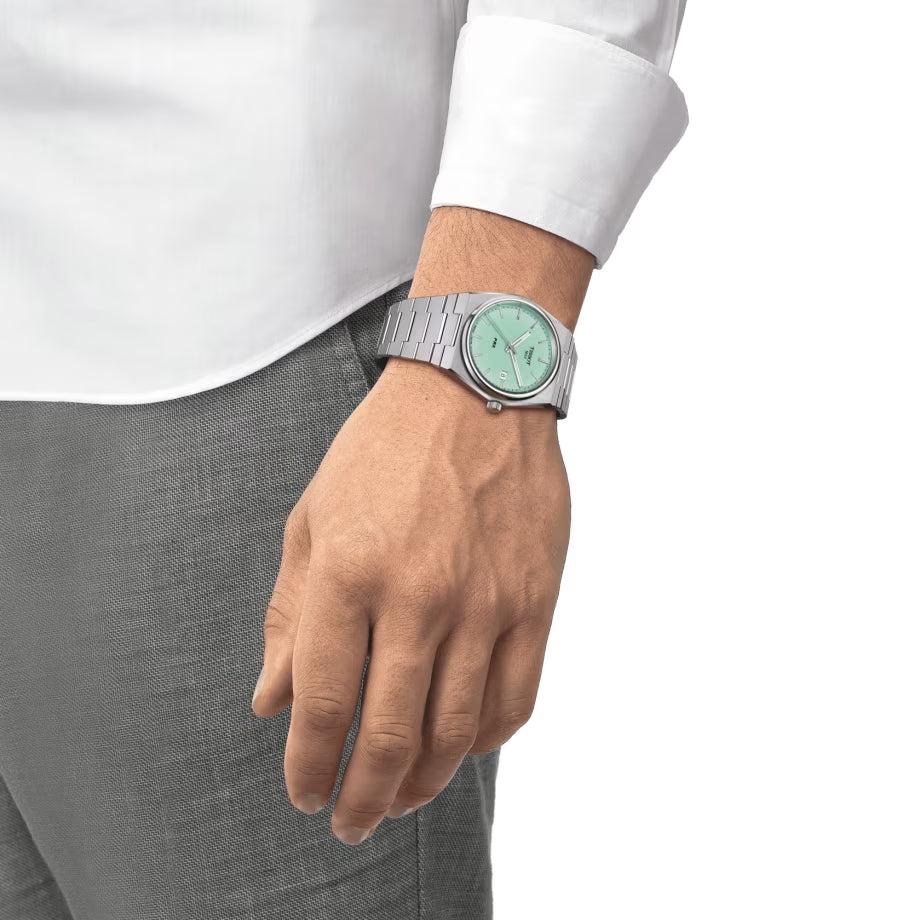 Orologio Uomo Tissot Acciaio Prx Verde Acqua Quarzo Solo Tempo Data T1374101109101