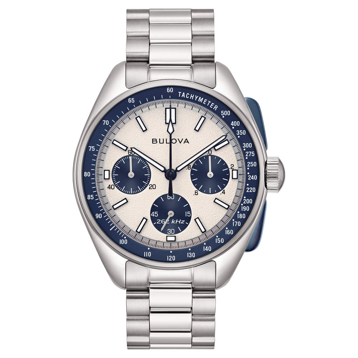 Orologio Uomo Bulova Lunar Pilot Acciaio Quarzo Cronografo Panda Bianco Blu 98A305