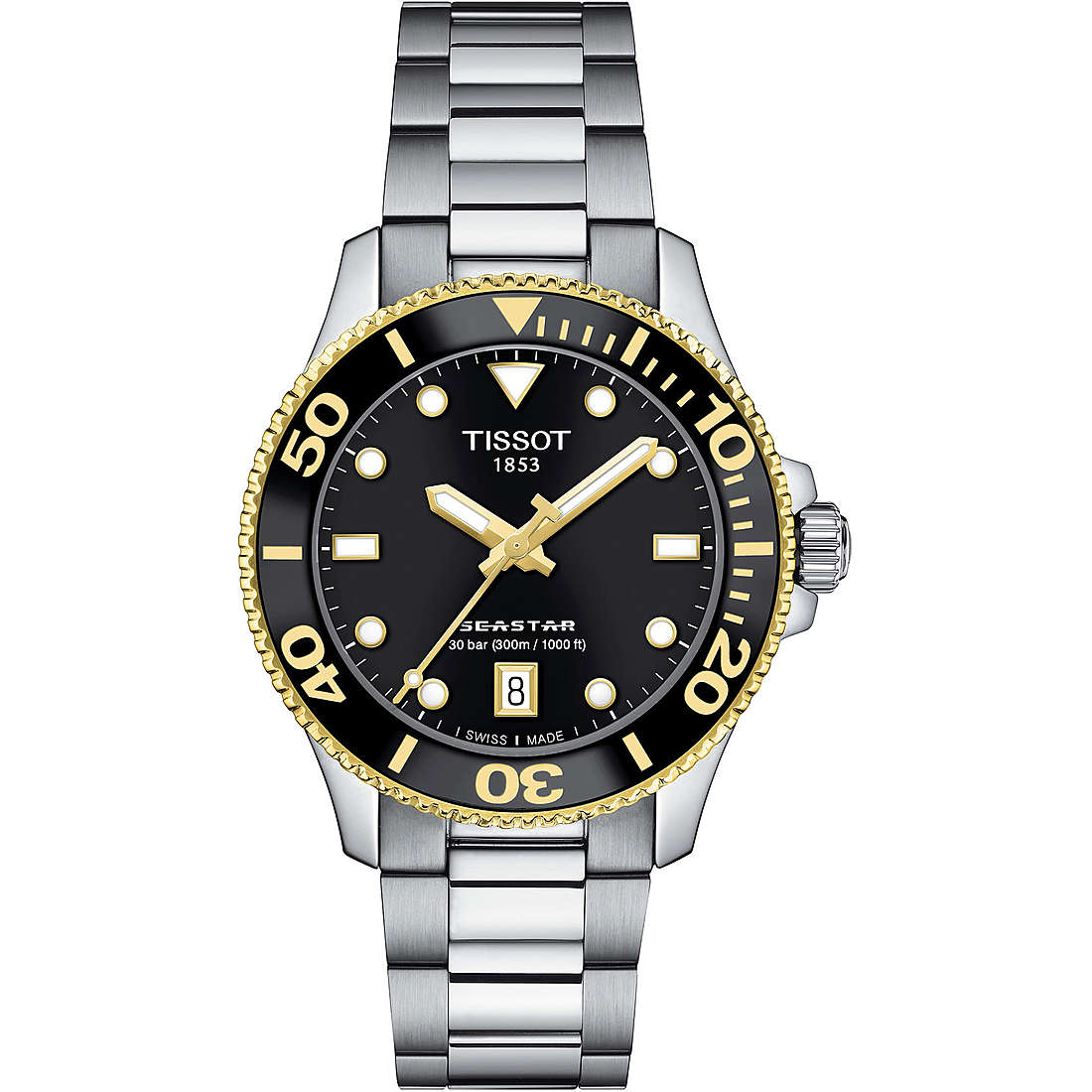 Orologio Unisex Tissot Seastar Quarzo Solo Tempo Acciaio Dorato Nero T1202102105100
