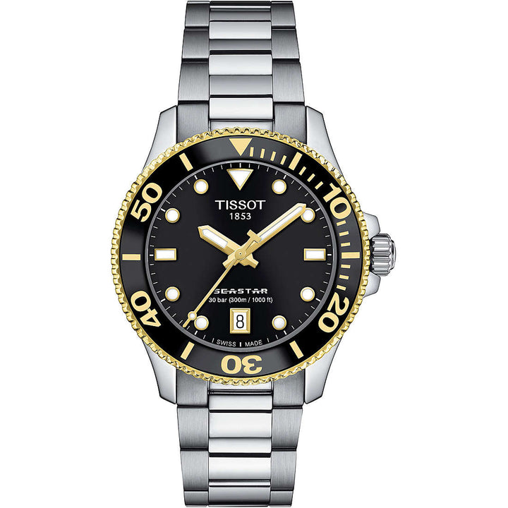 Orologio Unisex Tissot Seastar Quarzo Solo Tempo Acciaio Dorato Nero T1202102105100