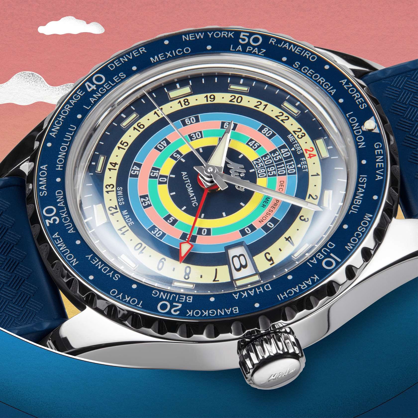 Orologio Uomo Mido Automatico GMT Ocean Star Decompression Data Blu M0268291704100