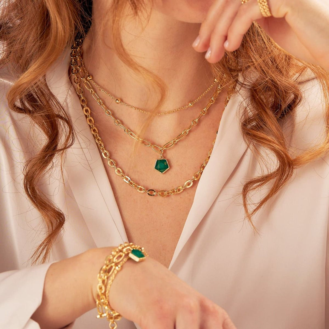 Collana Donna Unoaerre Bronzo Dorato Catena Tre Fili Gipsy Pietra Verde 540239