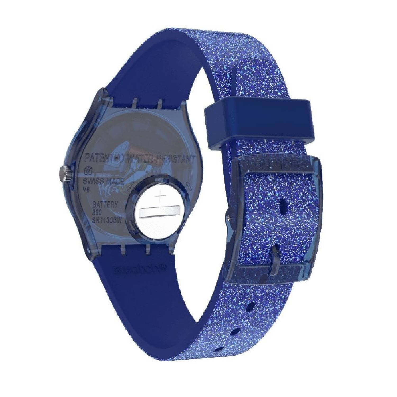 Orologio Donna Gomma Silicone Swatch Quarzo Solo Tempo Glitterato Blu GN270