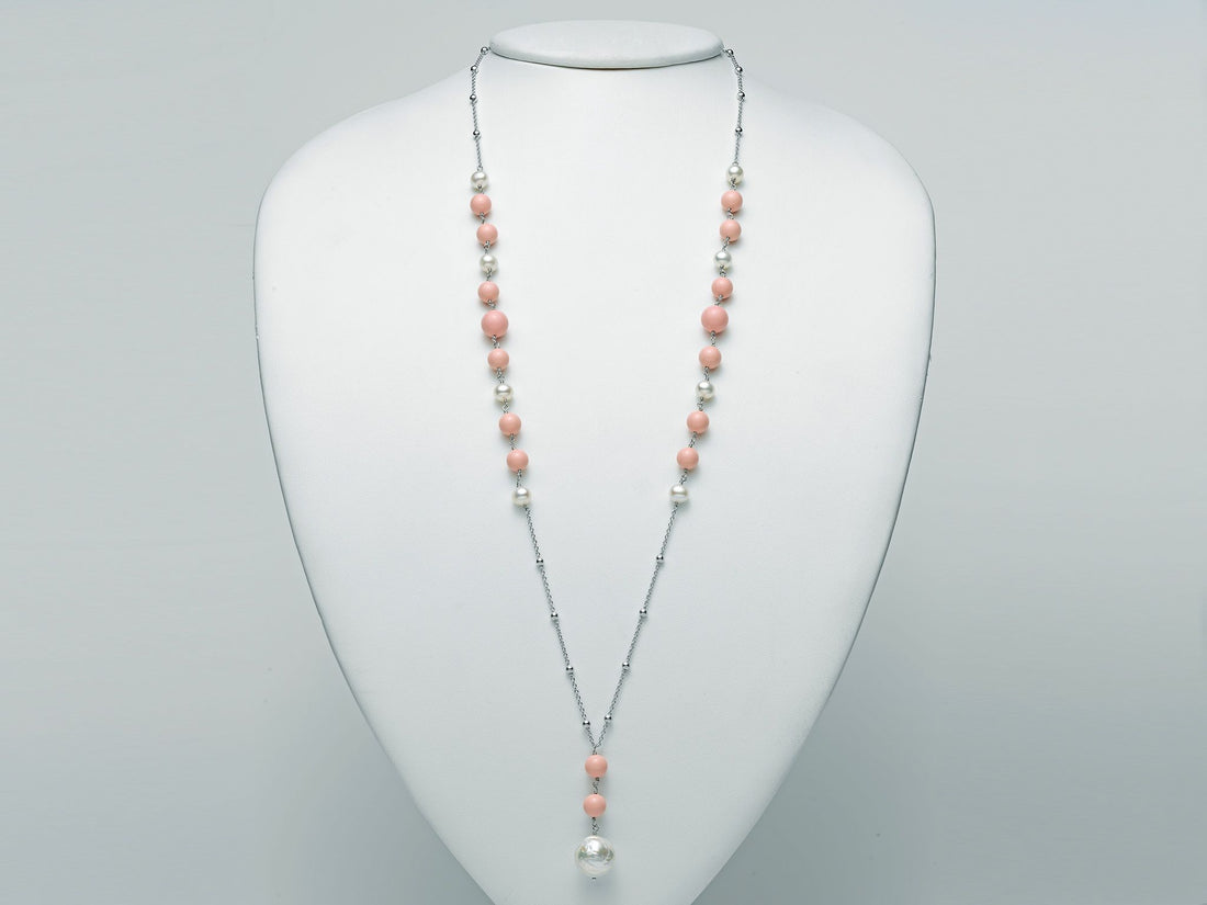 Collana Lunga Donna Miluna Argento 925 Perle Bianche Pasta Corallo rosa PCL5823