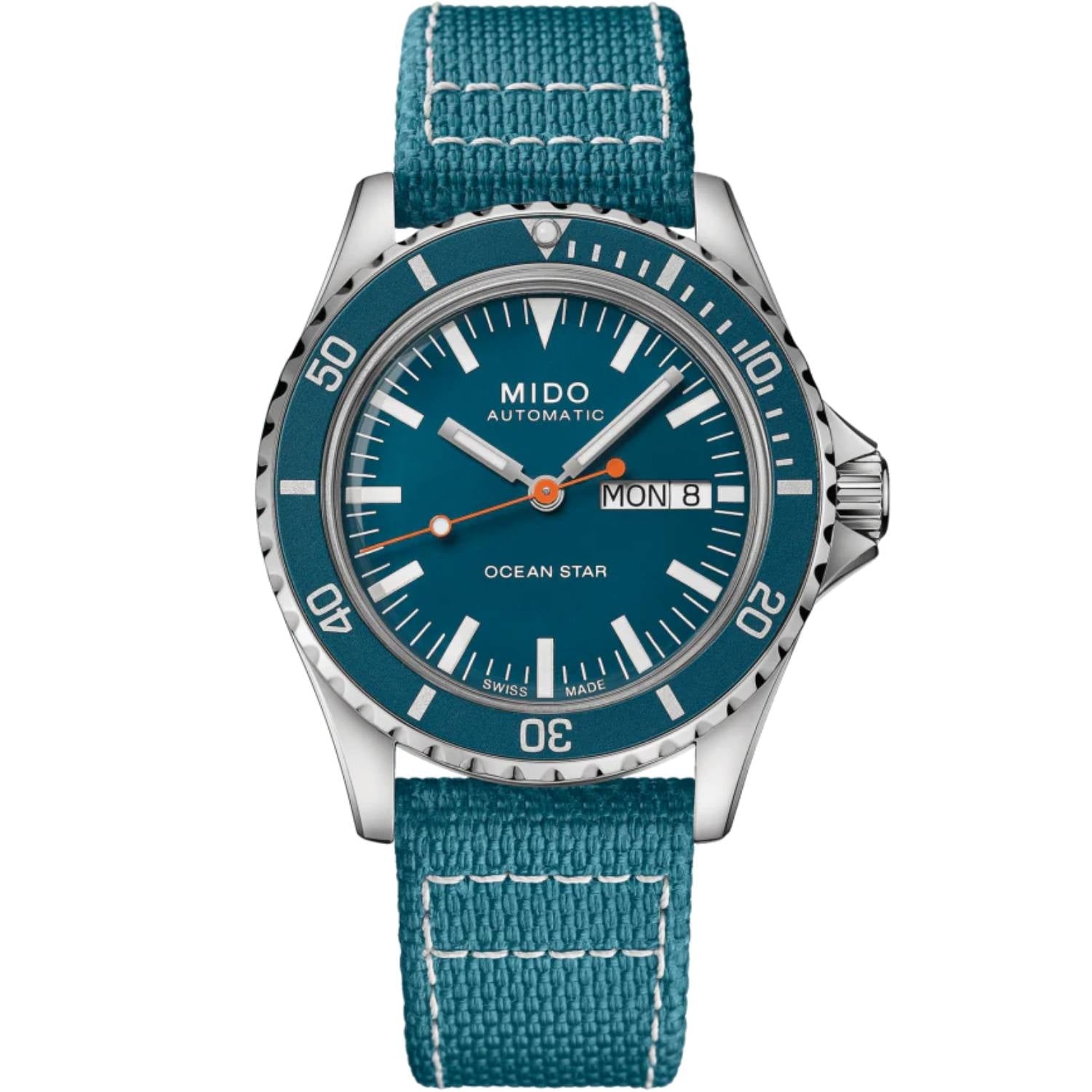 Orologio Uomo Mido Acciaio Automatico Doppia Data Blu Doppio Cinturino Tessuto